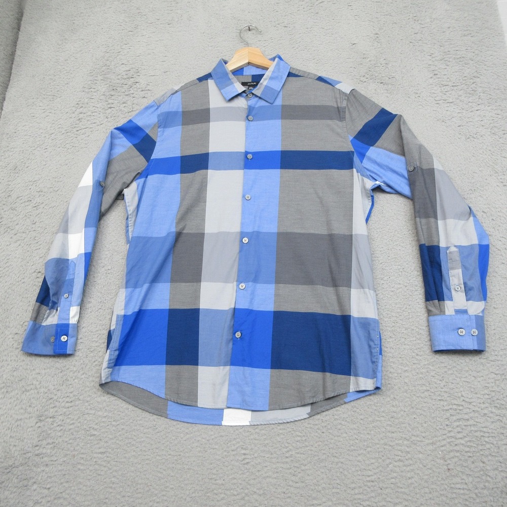Alfani Plaid Shirt Mens L Blue Gray Cotton Coastal Preppy Modern Classic Casual
